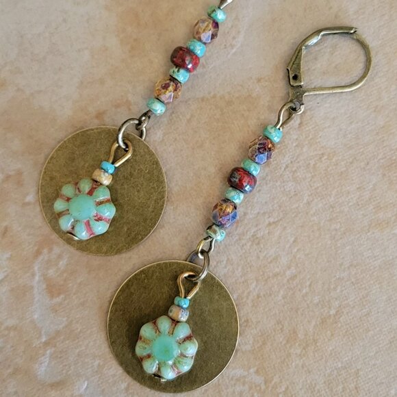 Czech CACTUS FLOWER Fire polish Picasso Bead Earrings Bronze Brass Lever Back - Picture 2 of 5